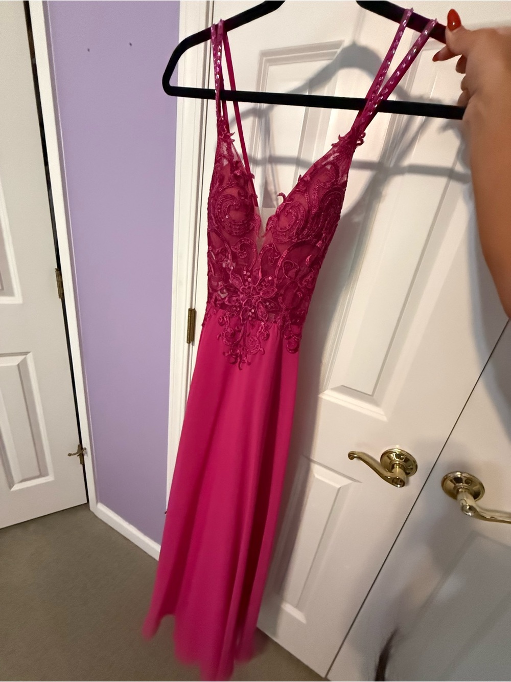 JJs House Fuchsia Lace Appliqué V-Neck Prom Dress